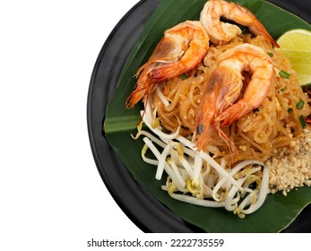 Pad Thai, Stir Fried Rice Noodles With Shrimp On White Background. Thai Food