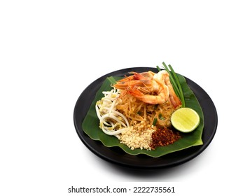 Pad Thai, Stir Fried Rice Noodles With Shrimp On White Background. Thai Food