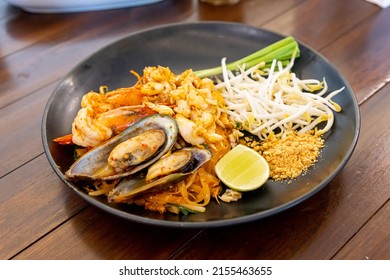 Pad Thai - Stir-fried Rice Noodles With Shrimp - Thai Food Style, Mixed Seafood Pad Thai