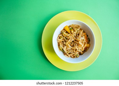 Pad Thai, Top View On Green Background