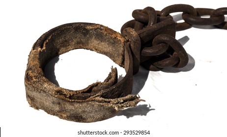 Padded old chains, or shackles, used for locking up prisoners or slaves between 1600 and 1800. 