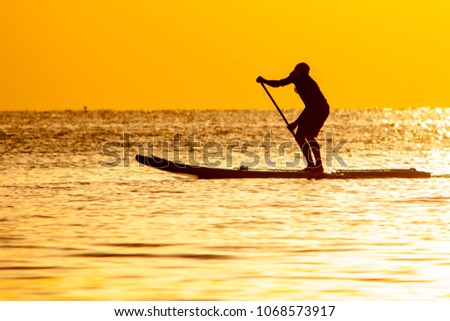 A Paddle Boarder is Silhouetted against the Bright Early morning sunrise just off the beach in Hollywood, Florida.