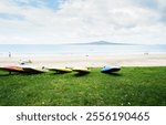 Paddle boards on the beach. Rangitoto Island in the distance. Unrecognizable people and dog walking on Takapuna Beach. Auckland. 