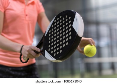 Paddle Tennis Player Racket And Ball Ready For Serve Close Up Anonymous Image