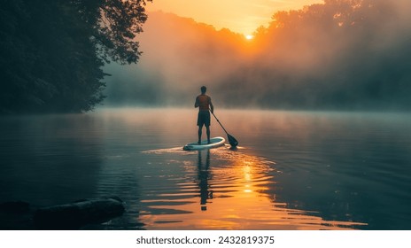 Paddleboarding at Sunrise, A serene scene of a person paddleboarding on a misty river at sunrise