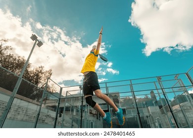 Padel player in action. Open Tour Template. Padel tennis player on the court background outdoors. Paddle tenis template for social media design ads with copy space. Mockup for events advertisement. - Powered by Shutterstock