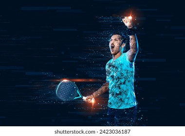 Padel tennis player celebrates victory in the game. Man athlete with paddle tenis racket on blue background. Sport concept. Download a high quality photo for sports website. - Powered by Shutterstock