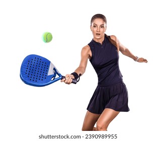 Padel tennis player with racket on tournament isolated on white background. Girl athlete with paddle racket on court with neon colors. Sport concept - Powered by Shutterstock