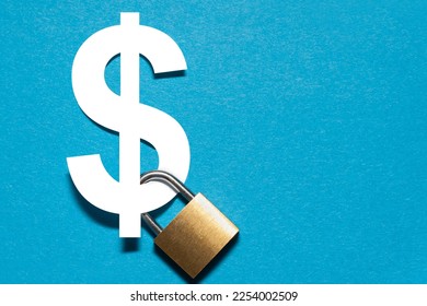 Padlock attached to a white dollar sign on the blue background. Safety and insurance concept.