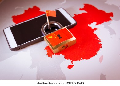 Padlock, China flag on a smartphone and China map, symbolizing the Great Firewall of China concept or GFW and all extreme Internet censorship in China