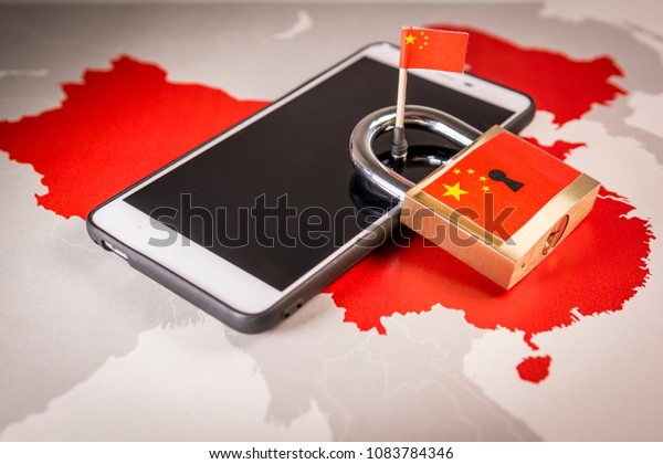 Padlock, China flag on a smartphone\
and China map, symbolizing the Great Firewall of China concept or\
GFW and all extreme Internet censorship in\
China