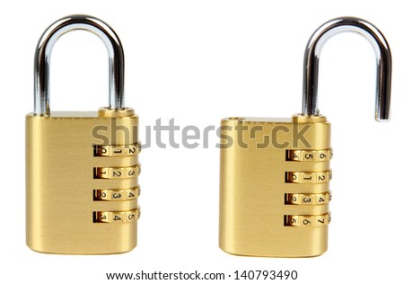 padlock with combination lock, in two position, locked and unlocked. Isolated on white background.