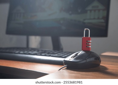 Padlock with a computer. Cybersecurity and digital data protection
