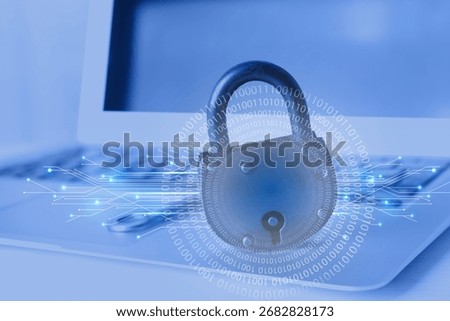 Padlock with digital binary code and circuit board pattern on laptop. Password for cyber security