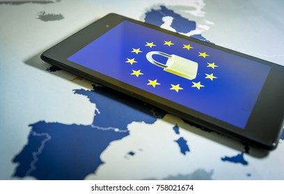 Padlock And EU Flag Inside Smartphone And EU Map, Symbolizing The EU General Data Protection Regulation Or GDPR. Designed To Harmonize Data Privacy Laws Across Europe.