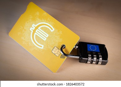 Padlock With European Union Flag And A Credit Card With Euro Digital Currency, Concept Of European Union Digital Euro Project, Online Payment, Security And Encryption