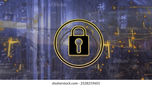 Padlock icon, glowing network and data processing over computer servers. Communication network, data security and digital interface technology, digitally generated image.