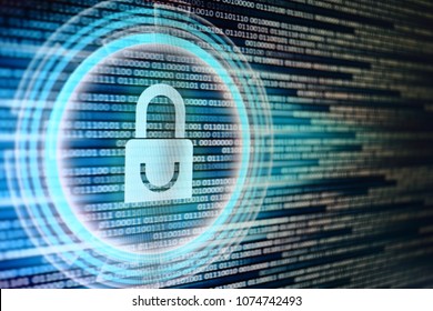 padlock icon on LED computer display screen with binary code moving in the background. password and data privacy protection in internet data transfer concepts. cyber network security blue color.