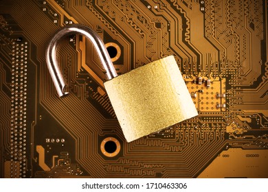 Padlock on the computer motherboard. Data Privacy Information Security Concept. Protection against viruses and malware.