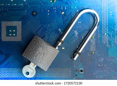 Padlock on the computer motherboard. Data Privacy Information Security Concept. Protection against viruses and malware.