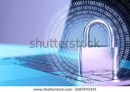 Padlock on laptop, closeup. Binary code. Cyber security