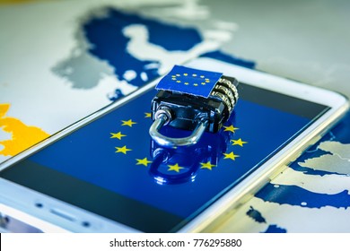 Padlock Over A Smartphone And EU Map, Symbolizing The EU General Data Protection Regulation Or GDPR. Designed To Harmonize Data Privacy Laws Across Europe.