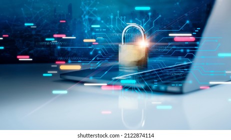 Padlock of personal data security, Laptop with padlock and data security encryption on city background, Internet security business and network security system concept.