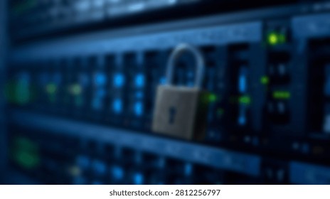 A padlock secured on a server rack in a data center, symbolizing data security and network protection.