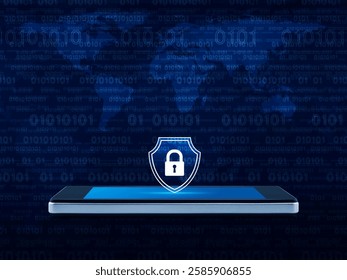 Padlock with shield icon on modern smart mobile phone screen over world map and computer binary code, Technology internet security insurance online concept, Elements of this image furnished by NASA