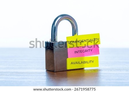 A padlock with three sticky notes with the word CONFIDENTIALITY, INTEGRITY and AVAILABILITY. CIA triad, information security concept.