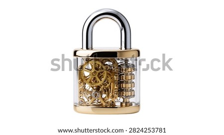 Padlock with visible internal gold clockwork gears and metal shackle