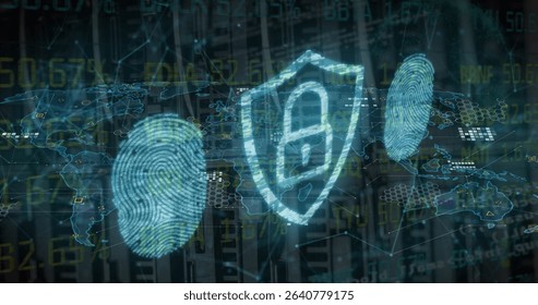 Padlocked shield rotating on data dashboard, with fingerprints and world map, hex grid and streams. Cybersecurity, protection, technology, digital, innovation, security, network - Powered by Shutterstock - Get 15% off with code: PIKWIZARD15