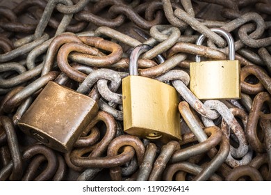 Padlocks ands chains, security background landscape orientation.