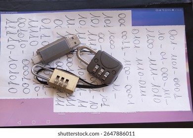 padlocks, a usb drive, and cryptic notes symbolize the intricate world of cybersecurity and data protection