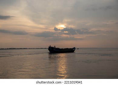 Padma River Sunset Boat Scene Background