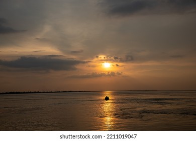 Padma River Sunset Boat Scene Background