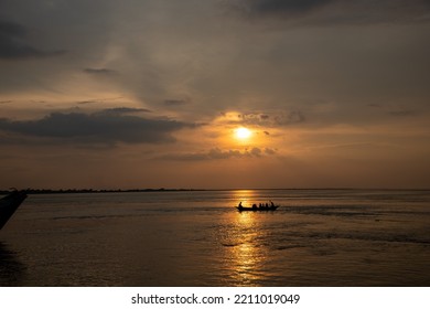 Padma River Sunset Boat Scene Background