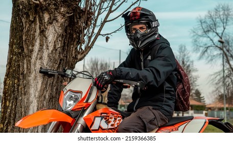 PADOVA, ITALY - Feb 04, 2019: A Person Riding An Orange KTM Motard Bike