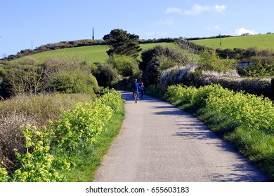 Padstow, Cornwall, UK - April 6th 2017: Family Enjoying A Evening Cycle Ride Along The Camel Trail Near Padstow In Cornwall