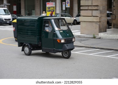 PADUA, ITALY - JUNE 16, 2015: Piaggio Ape A Three-wheeled Light Commercial Vehicle Based On A Vespa Scooter Produced Since 1948 By Italian Company Piaggio