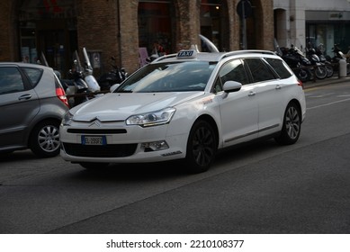 PADUA, ITALY - JUNE 18, 2015: Italian Taxi Car At Work On The City Street. Citroen C5 Break Estate Station Wagon Car At Service.