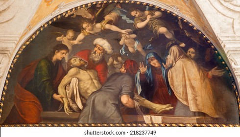 PADUA, ITALY - SEPTEMBER 10, 2014: Paint of The Burial of Jesus scene in the church Chiesa di San Gaetano and the chapel of the Crucifixion by unknown painter from 17th century 
