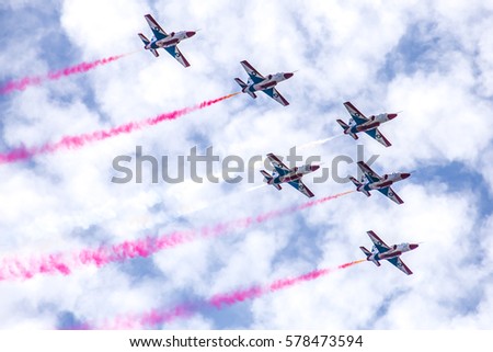 PAF K-8 / Hongdu JL-8, Sherdils Aerobatics Team performing over Islamabad, Pakistan