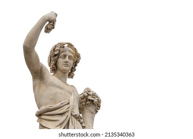 Paganism in Ancient Times. Roman or Greek god Bacchus holding grapes, a neoclassical marble statue, erected in the 19th century in Rome historic center (Isolated on white background with copy space) - Shutterstock ID 2135340363