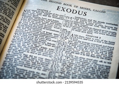 Page From 1971 King James Bible Open At Exodus, Shallow Depth Of Field, Focus On Heading