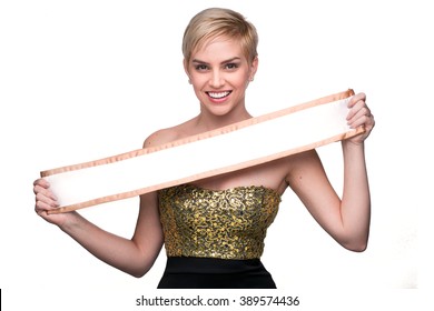 Pageant Contestant Beautiful Cute Adorable Blonde Woman Holding Sash In Gown 