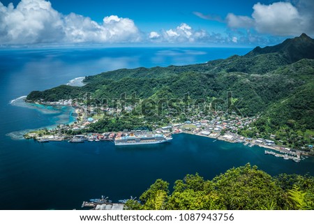 Pago Pago American Samoa Hill View over the Island and the Harbor with Cruise Ship docked.