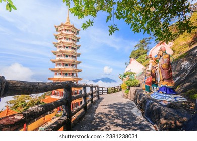 Pagoda at Chin Swee Temple, Genting Highland is a famous tourist attraction near Kuala Lumpur. During this photo shoot thick fog and the temperature is too cold - Shutterstock ID 2381238031