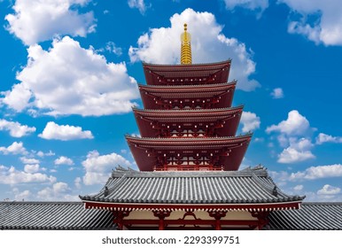 Pagoda in Japan. Tokyo architecture. Classic buddhist temple. Pagoda in summer weather. Japan architecture. Japanese buddhist temple. Pagoda for buddhist pilgrims. Tour to Japan. Holidays in Tokyo