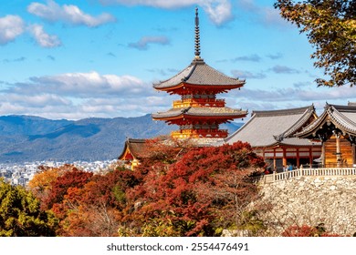 Pagoda of Kiyomizu-dera buddhist temple in autumn, Kyoto, Japan